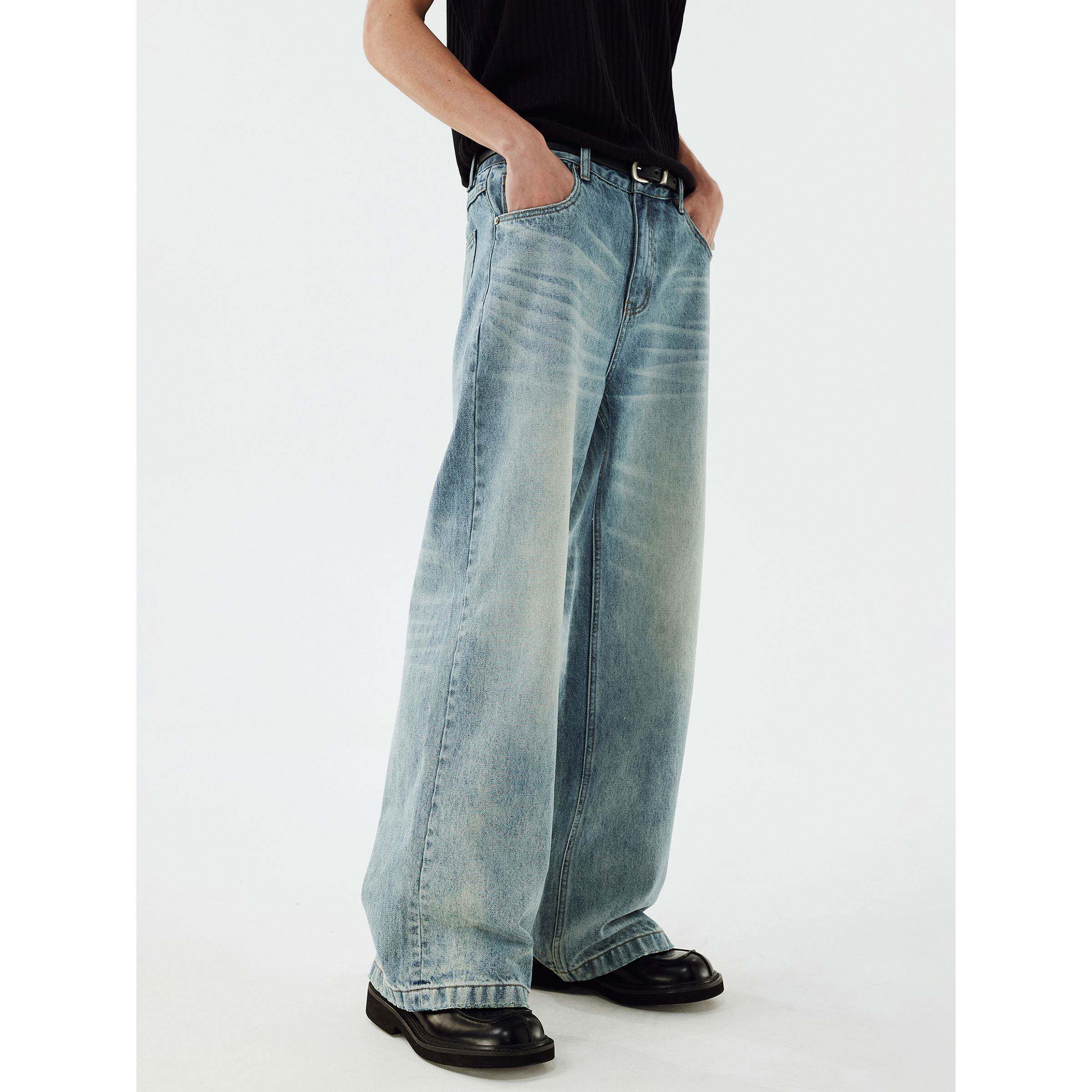 DIMC水洗蓝白渐变撞色牛仔裤 宽松休闲直筒拖地中腰男女长裤