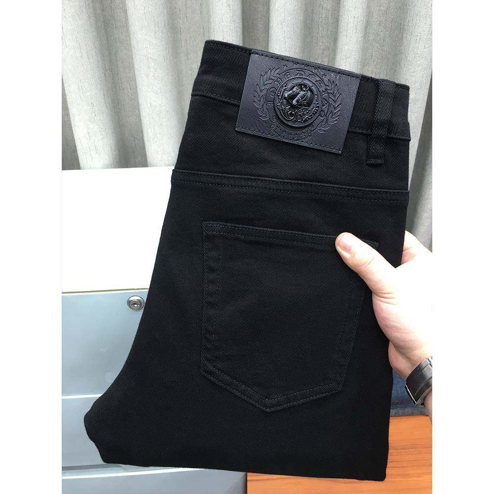 高端秋季黑色牛仔长裤男欧美潮牌弹力修身小脚休闲九分裤宽松直筒