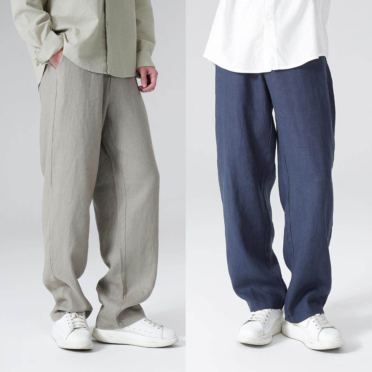 男士水洗全亚麻长腿裤 纯色宽松直筒裤 薄款休闲裤 春秋款 男装