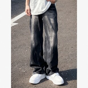美式复古水洗牛仔裤男潮牌高街重磅高级感宽松阔腿垂感直筒裤长裤