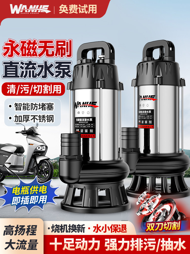 永磁无刷直流污水切割泵48v60v72v灌溉排污电瓶电动车专用抽水泵