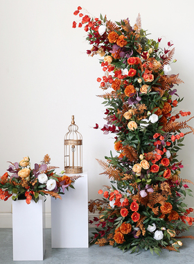 高级复古橙色仿真花艺拱门花门摆件婚纱橱窗结婚摄影背景花卉道具