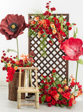 高级仿真花艺红色橱窗装饰场景布置门头壁挂花桌花落地花排巨型花