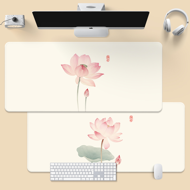 国风荷花鼠标垫水墨画莲花国潮办公大号桌垫电脑键盘滑鼠垫定制
