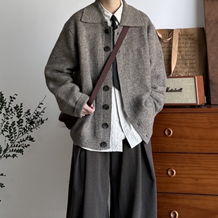 BUTQIU日系复古秋冬宽松翻领棋盘针织开衫毛衣男女针织衫外套上衣