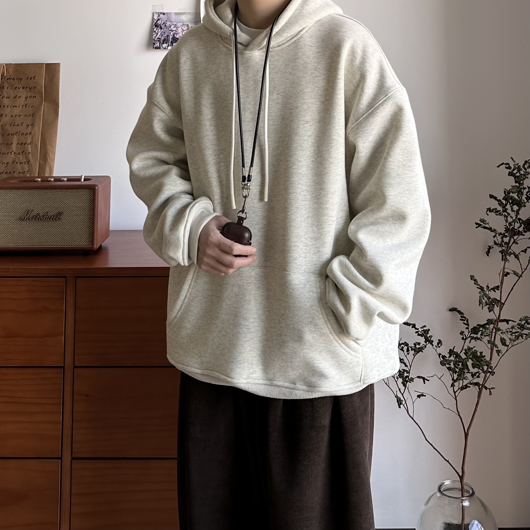 B东日系男装基础白花灰复古重磅连帽卫衣加绒情侣中性宽松帽衫男