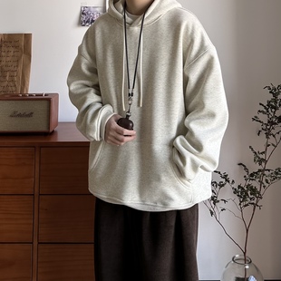 B东日系男装基础白花灰复古重磅连帽卫衣加绒情侣中性宽松帽衫男