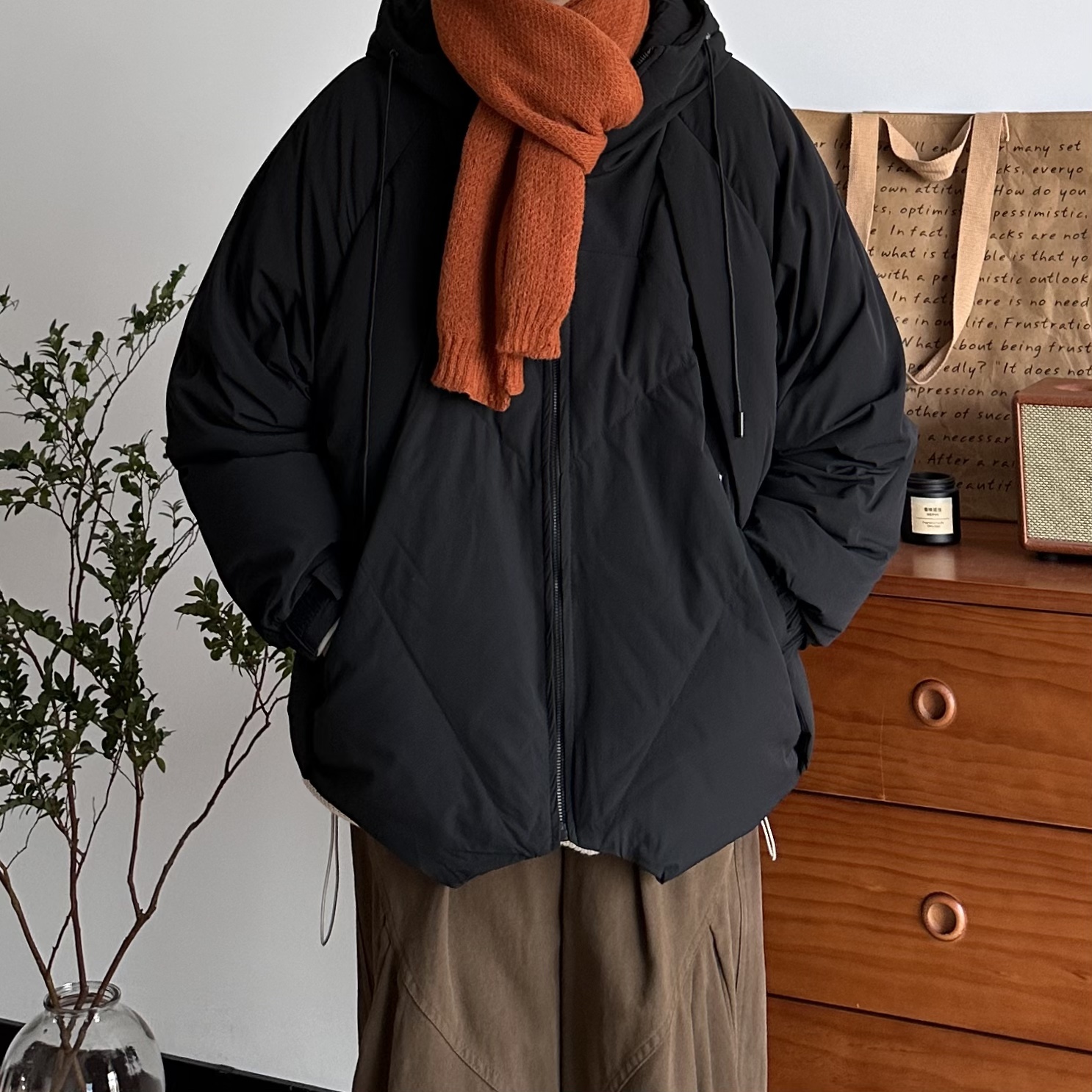 BUTQIU日系冬季新款设计感复古连帽羽绒服90白鸭绒纯色外套男