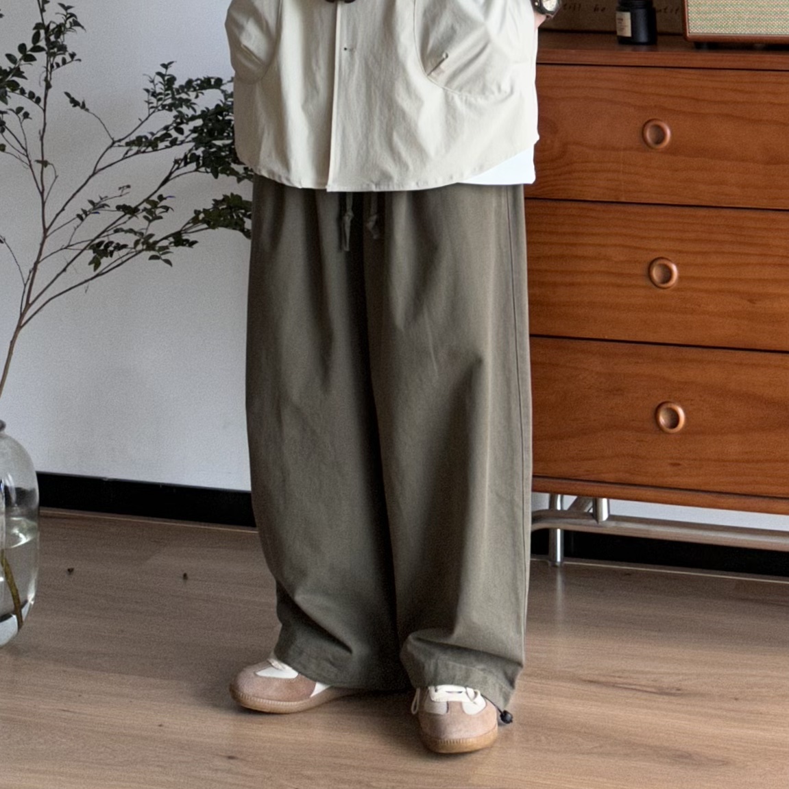B东日系男装简约复古日常纯棉宽松阔腿长裤情侣男女休闲松弛裤子