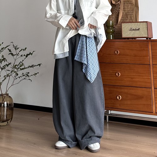 B东日系男装秋冬格子方巾装饰水洗棉质感纯色中性阔腿弯刀长裤