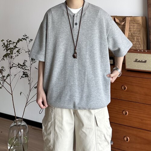 B东日系男装复古亨利领纯色重磅宽松休闲短袖T恤男女中性半袖上衣