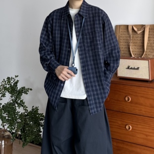 BUTQIU日系泡泡纱工装格子衬衫男女春秋休闲中性长袖衬衣上衣