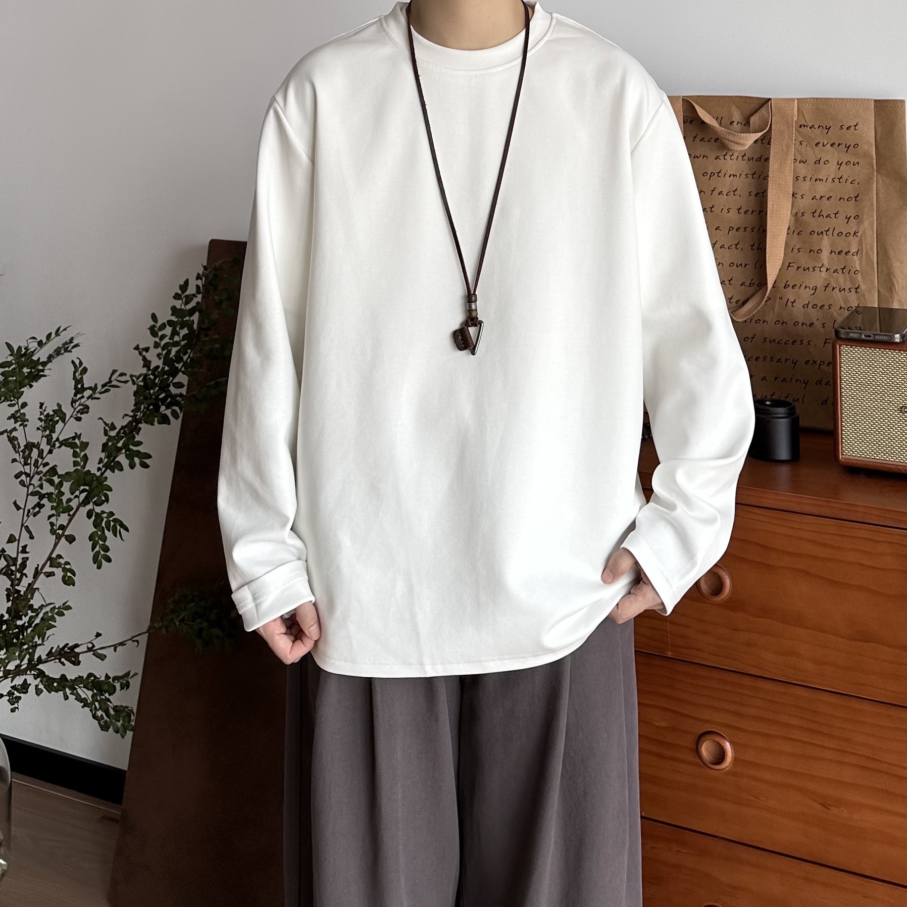 B东日系男装秋冬320g重磅纯色长袖T恤落肩袖圆领打底衫宽松内搭