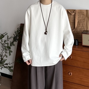 B东日系男装秋冬320g重磅纯色长袖T恤落肩袖圆领打底衫宽松内搭