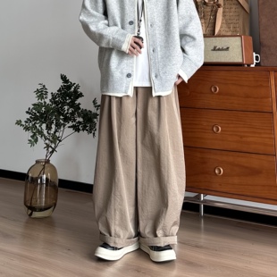 BUTQIU日系四季复古纯色宽松肌理感阔腿裤工装弯刀裤中性休闲长裤