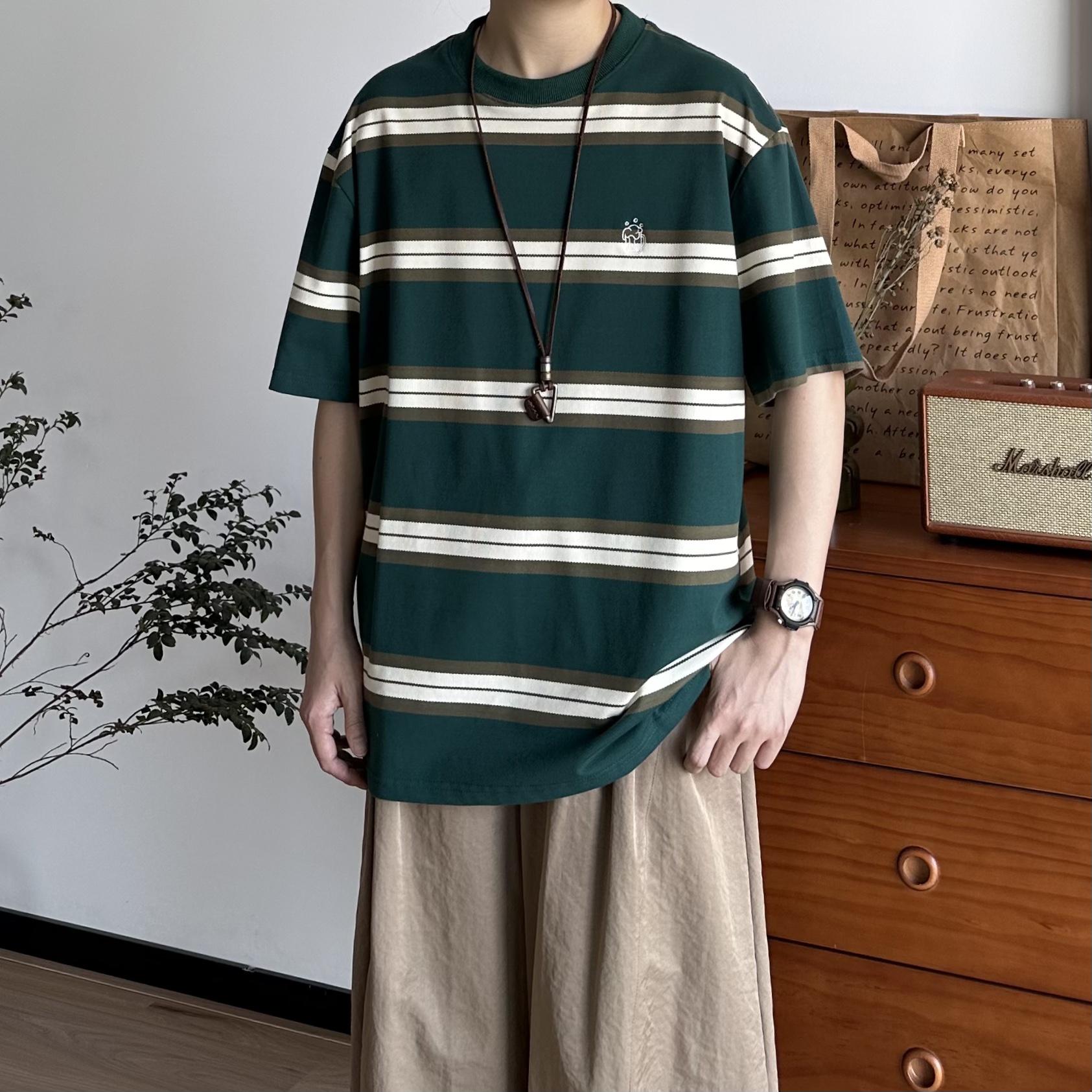 B东日系男装复古撞色绿色刺绣条纹T恤男短袖体恤衫休闲情侣tee