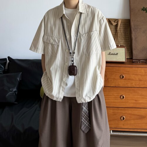 BUTQIU日系复古细条纹短袖衬衫春夏工装抽绳短款老钱风休闲衬衫