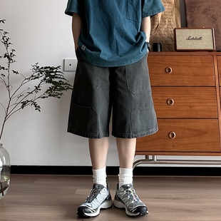 男女宽松直筒休闲百搭五分裤 短裤 复古水洗做旧工装 B东日系男装
