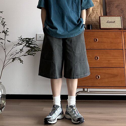 B东日系男装复古水洗做旧工装短裤男女宽松直筒休闲百搭五分裤
