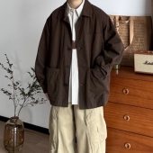 BUTQIU日系秋冬复古纯色大口袋中性质感夹克长袖 中古衬衫 外套男