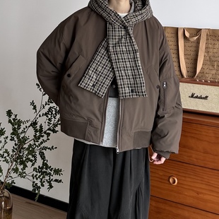 BUTQIU日系复古秋冬宽松保暖连帽格子围巾短款棉服男女棉衣外套