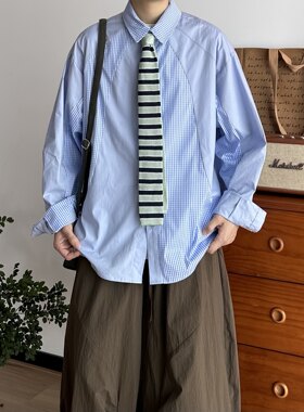 BUTQIU日系格子不对称拼接长袖衬衫男女春秋宽松学院风衬衣