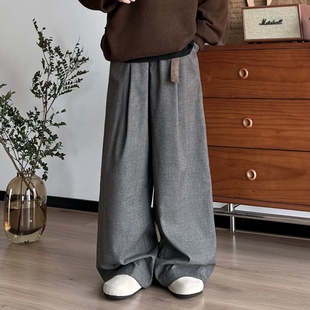 垂感拖地长裤 BUTQIU日系复古格纹腰带宽松休闲裤 男女直筒阔腿裤
