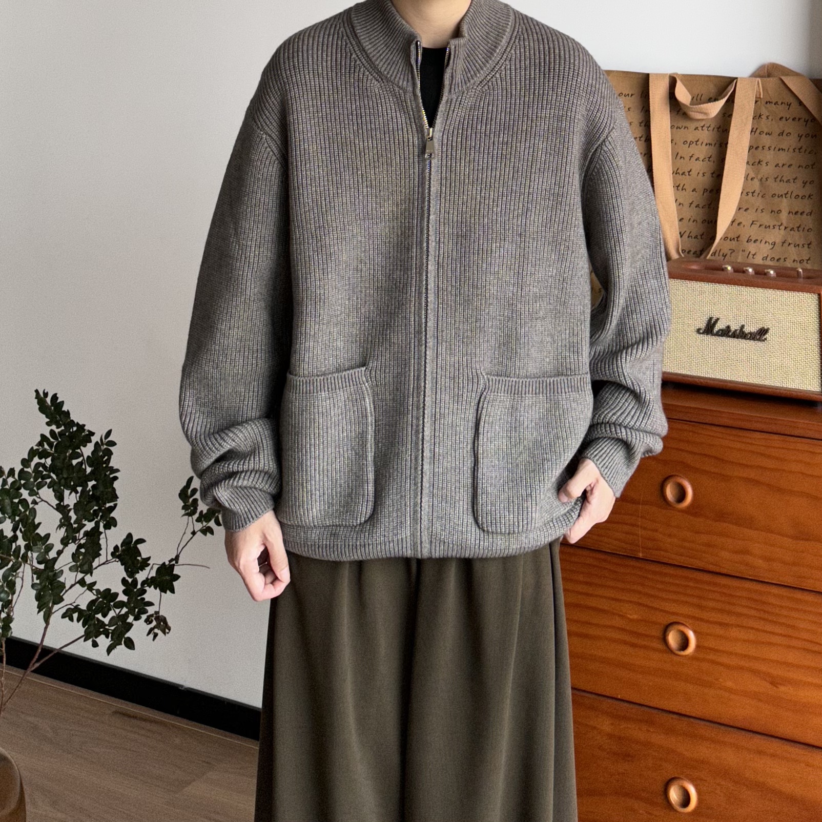 BUTQIU日系复古秋冬宽松口袋针织开衫毛衣男女保暖立领氛围感外套