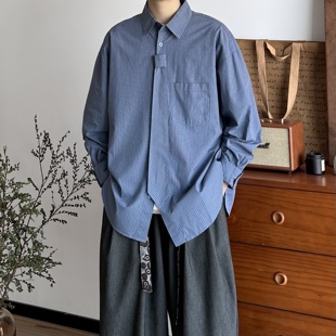 BUTQIU日系春秋廓形领带细格纹衬衫 衬衣外套 中性宽松复古长袖