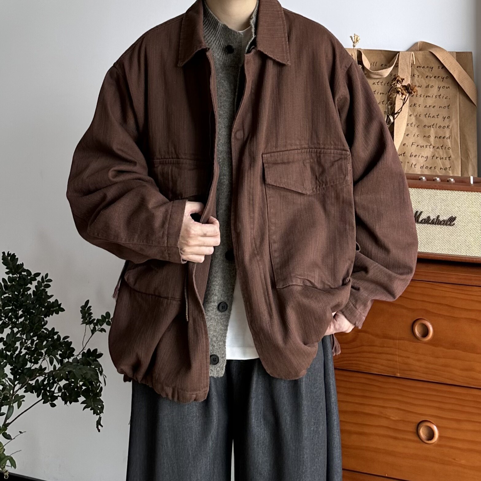 BUTQIU日系复古春秋水洗廓形落肩男女休闲工装口袋宽松夹克外套,男装,夹克,淘宝优惠券,粉丝福利购,淘宝优惠卷