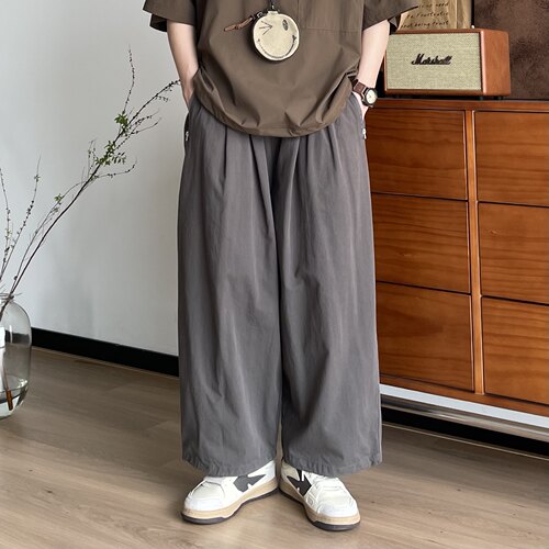 B东日系男装秋季薄款拉链口袋休闲阔腿裤休闲宽松梭织可束九分裤