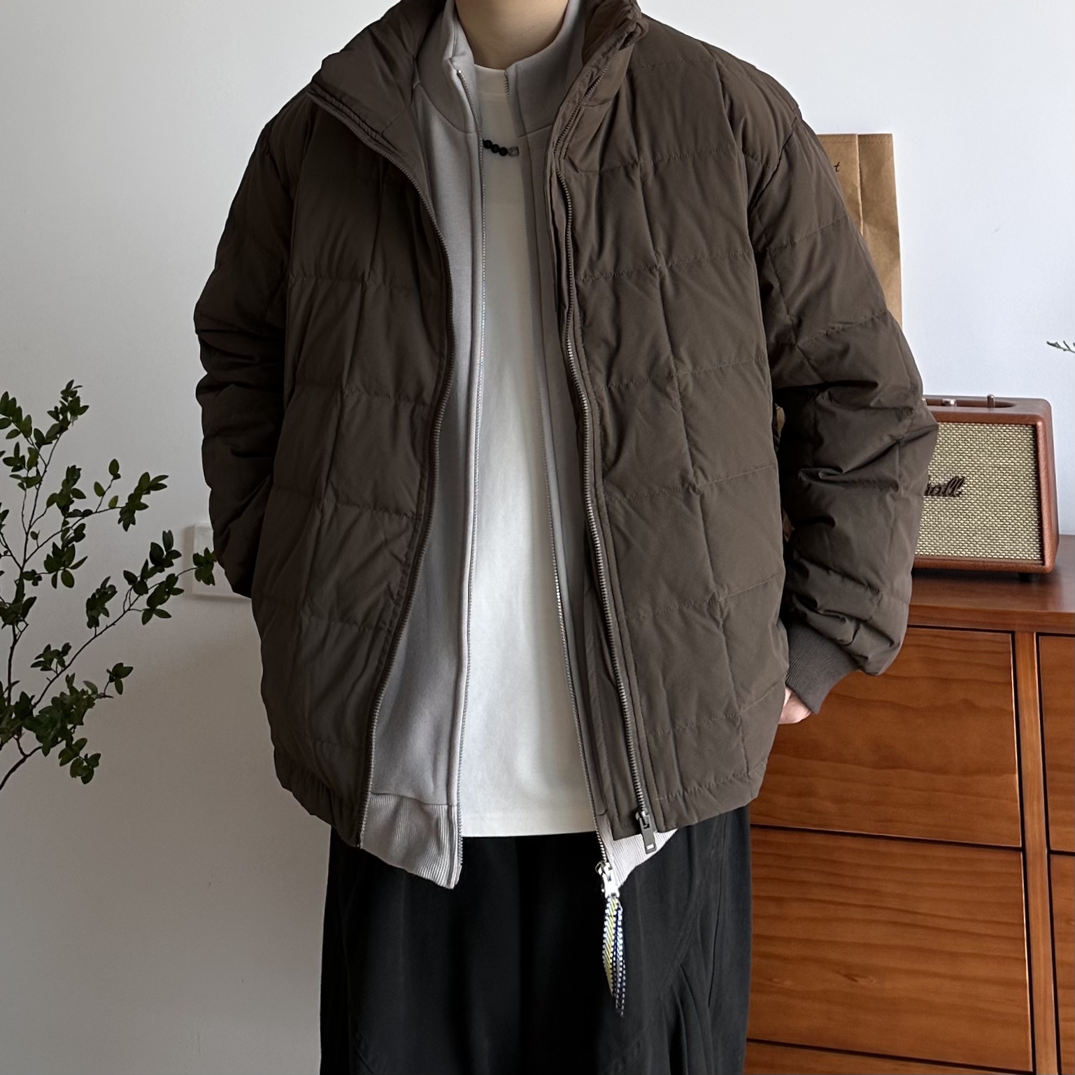 BUTQIU日系冬季简约纯色方格白鸭绒羽绒服男女情侣宽松保暖外套