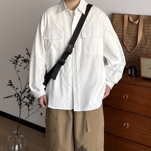 B东日系男装 宽松休闲衬衣男 春秋简约休闲百搭情侣纯色口袋衬衫