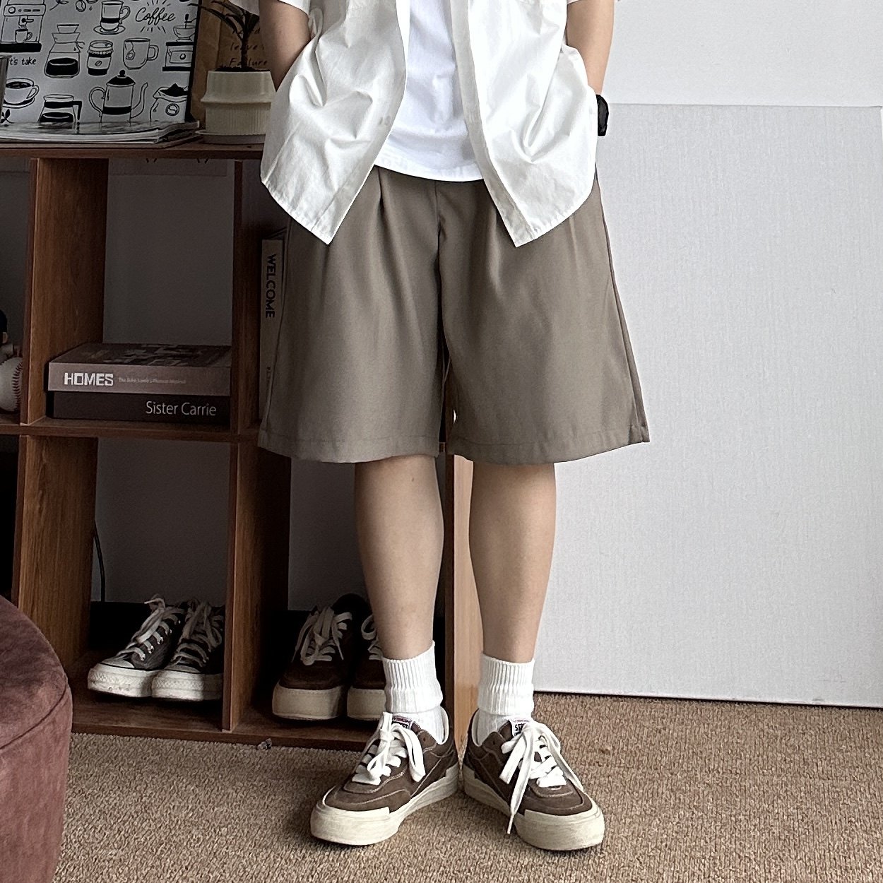 B东日系男装复古垂感带褶设计五分裤西裤休闲夏季情侣同款短裤男,男装,休闲裤,淘宝优惠券,粉丝福利购,淘宝优惠卷