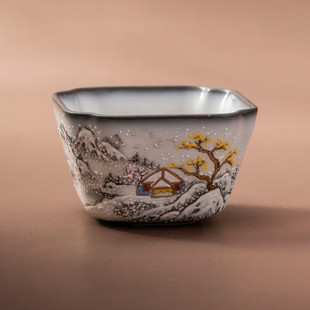 铁骨王文雪景四方杯厚胎厚釉汝窑手绘陶瓷品茗杯家用茶具泡茶杯