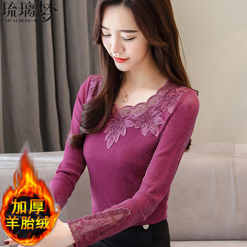 加绒加厚蕾丝打底衫女2020年春装新款宽松显瘦遮肚子雪纺保暖上衣