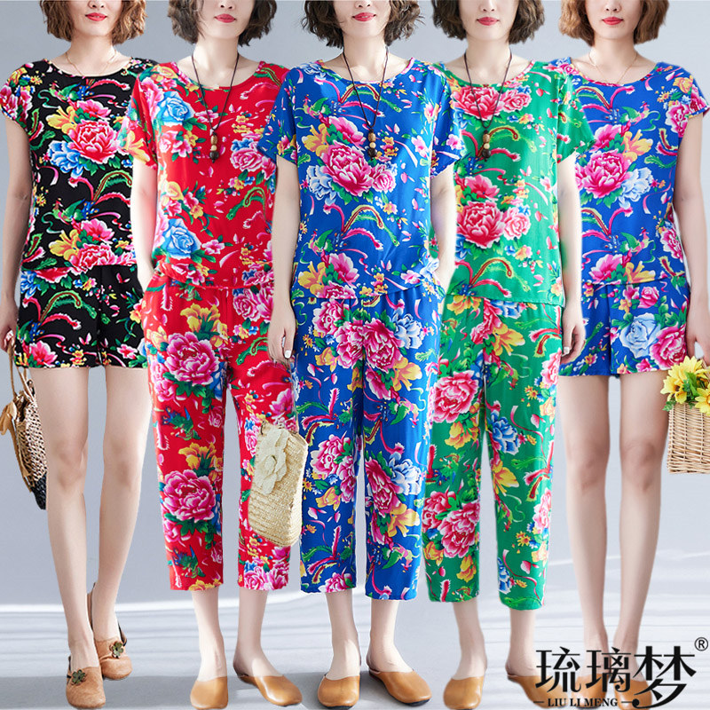 中老年棉绸套装女夏季大码女装2022年新款胖mm宽松短袖短裤两件套