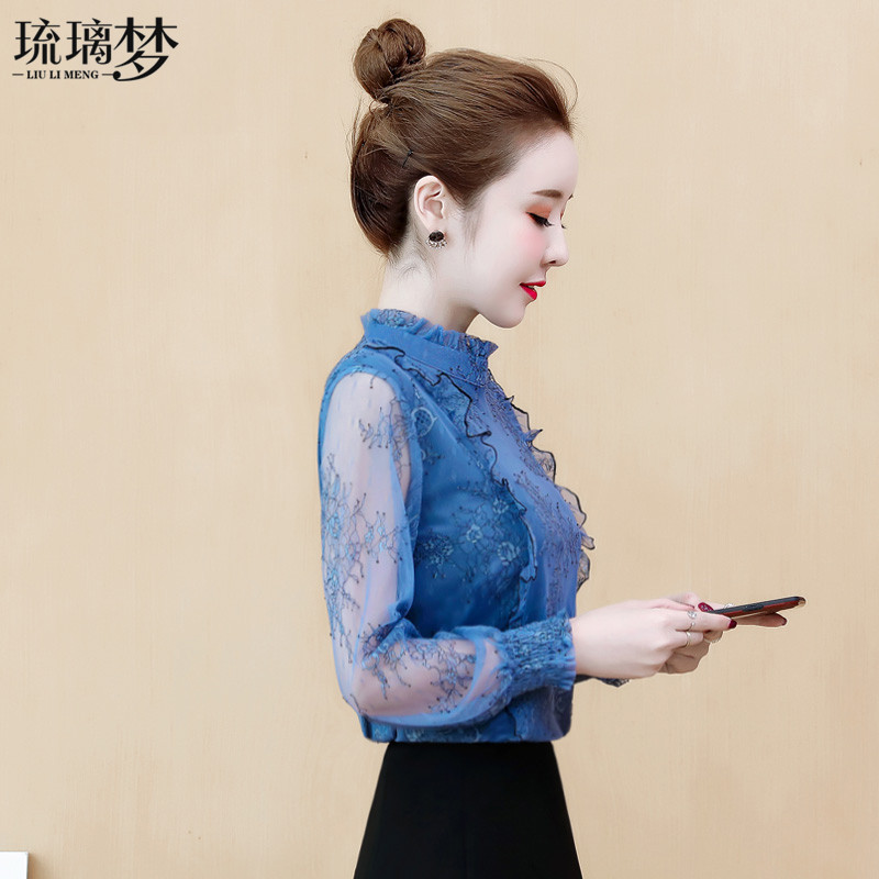 秋装雪纺女上衣蕾丝打底衫长袖洋气小衫超仙气质时尚百搭网纱T恤