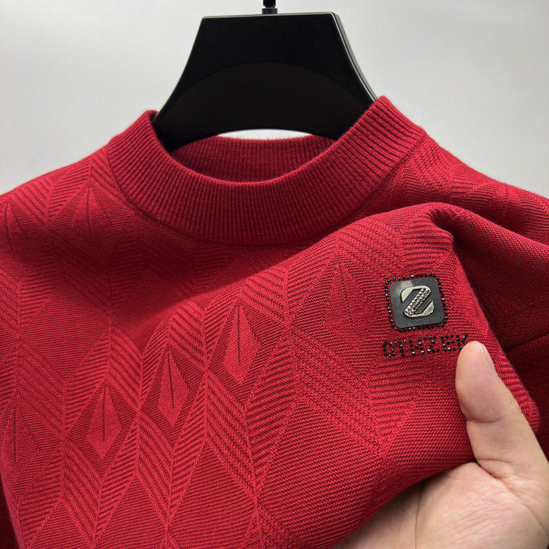 本命年红色一体绒圆领毛衣男士秋冬季加绒加厚套头针织衫打底线衣