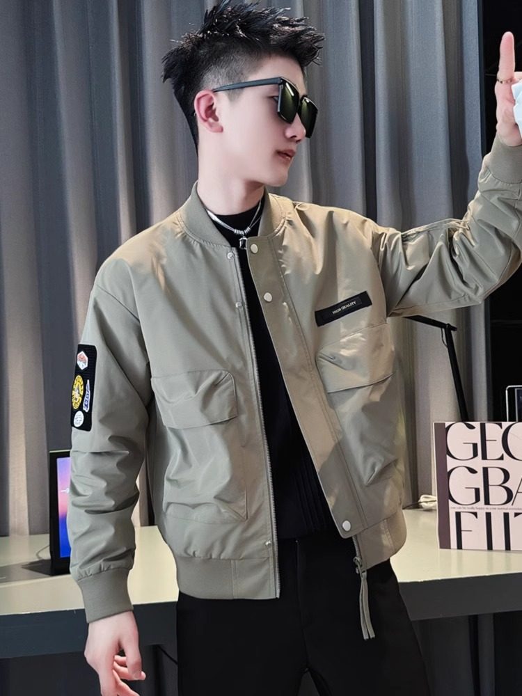 工作夹克男士春秋季新潮品牌松翻领棒球制服帅气多用途补丁绣花休