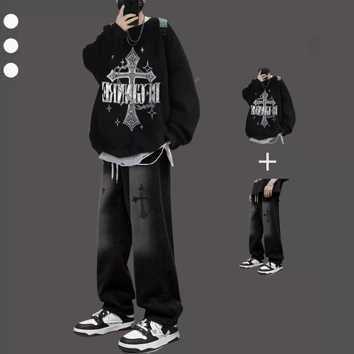 休闲 套装男春秋款潮牌美式高街卫衣搭配牛仔裤青少年痞帅穿搭一