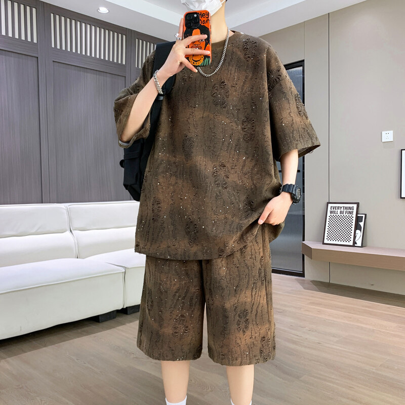 短袖短裤套装男夏季潮牌青少年痞帅休闲运动半袖T恤五分裤一整套