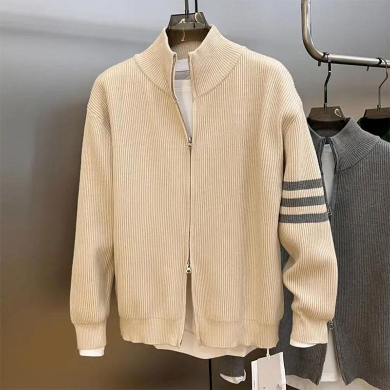 毛衣夹克2025春、秋、冬男新款韩式三条纹宽松大码针织开衫上衣