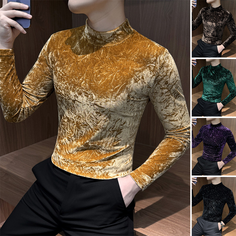 金丝绒半高领打底衫男士秋冬季韩版痞帅高级感修身休闲长袖T恤潮