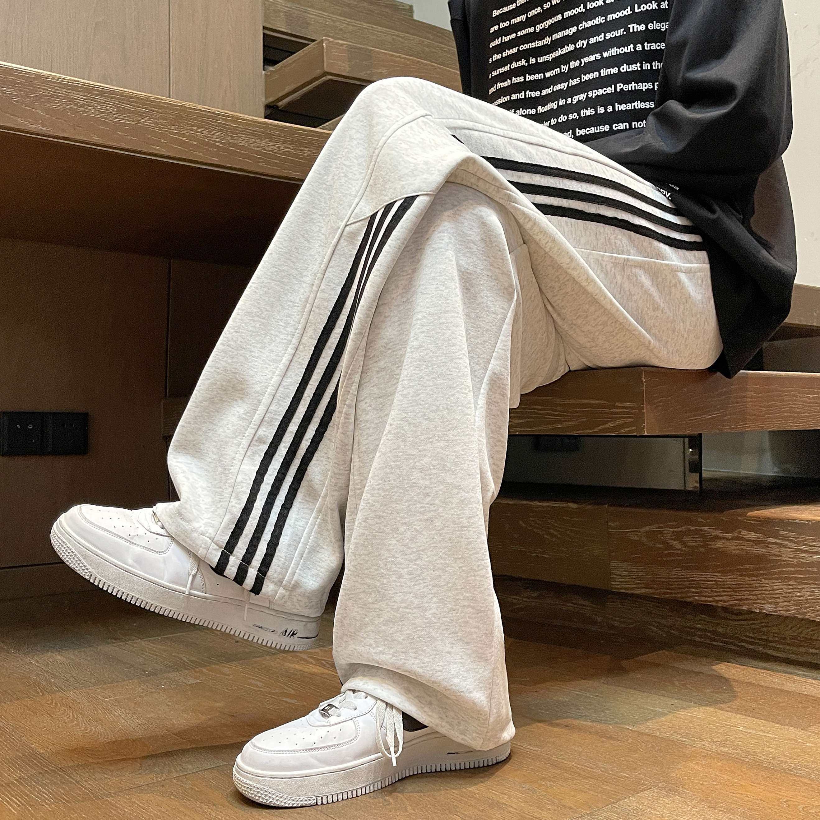 裤子男款秋冬季美式潮牌加绒加厚条纹运动休闲裤宽松阔腿直筒卫裤