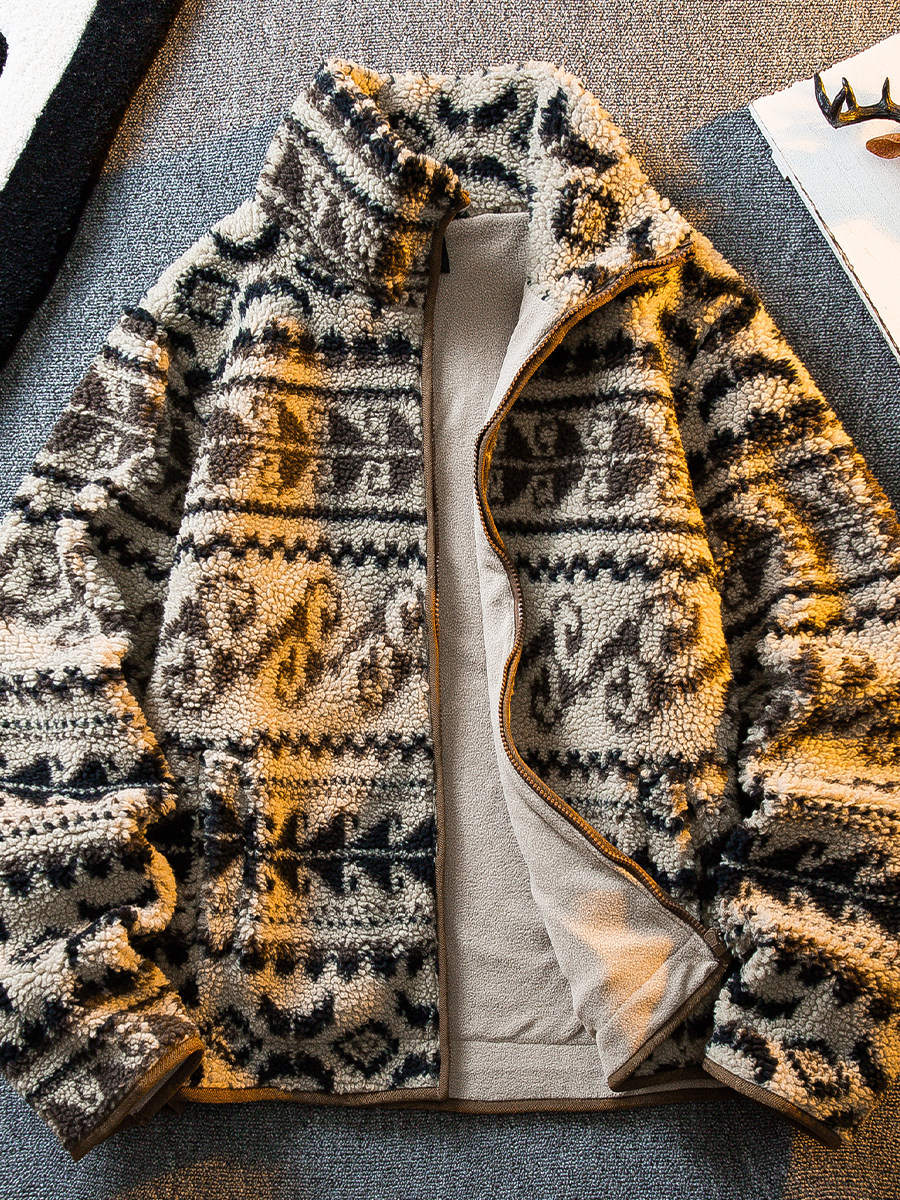 民族风提花立领摇粒绒外套男款秋冬季潮牌痞帅短款加厚羊羔绒夹克