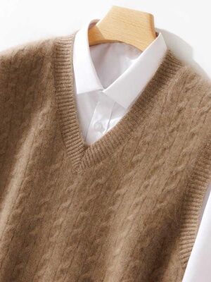 羊绒背心男士秋冬加厚麻花商务休闲无袖毛衣针织V领羊毛马甲新潮