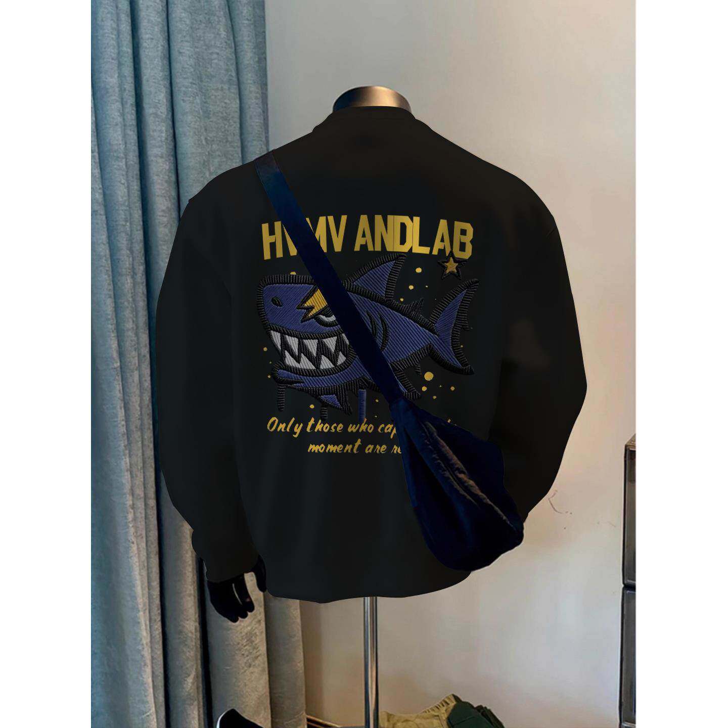 美式潮牌小领口圆领卫衣男款秋冬季加绒加厚鲨鱼印花痞帅休闲上衣