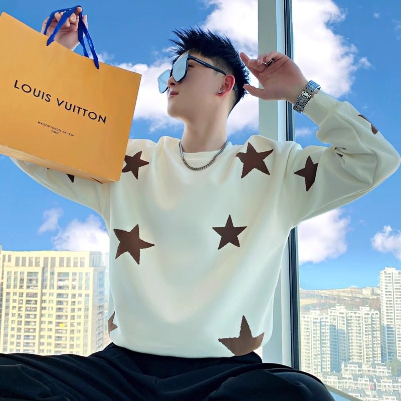 卫衣男款春秋季印花内搭圆领上衣青年潮流秋冬加绒加厚休闲打底衫