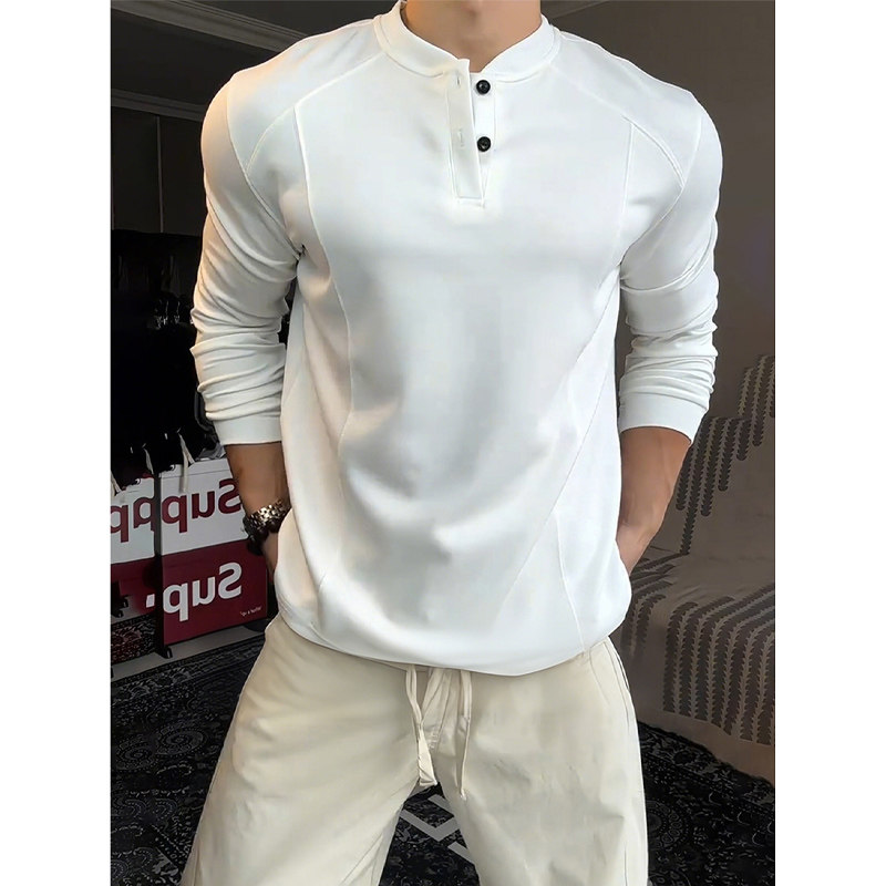 白色正肩亨利领长袖t恤男秋冬季潮牌痞帅重磅卫衣运动健身打底衫